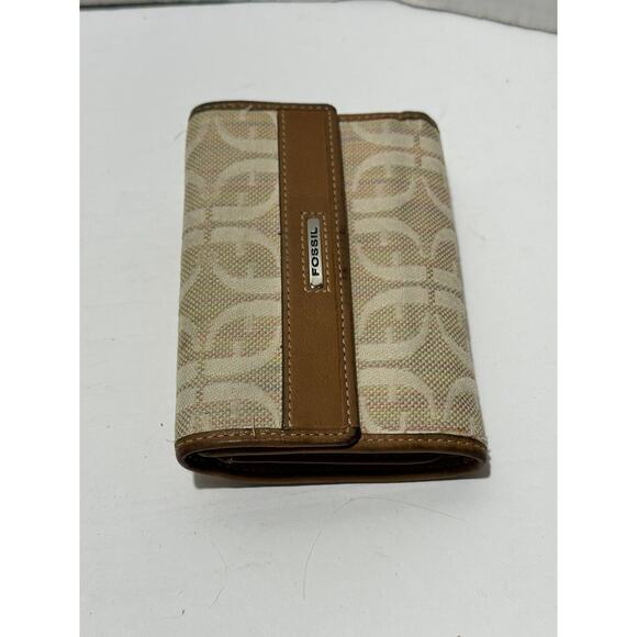 Fossil Wallet Logo Spell Out Beige Cream Tan Brown Women Cards Coins Vintage - Picture 2 of 10
